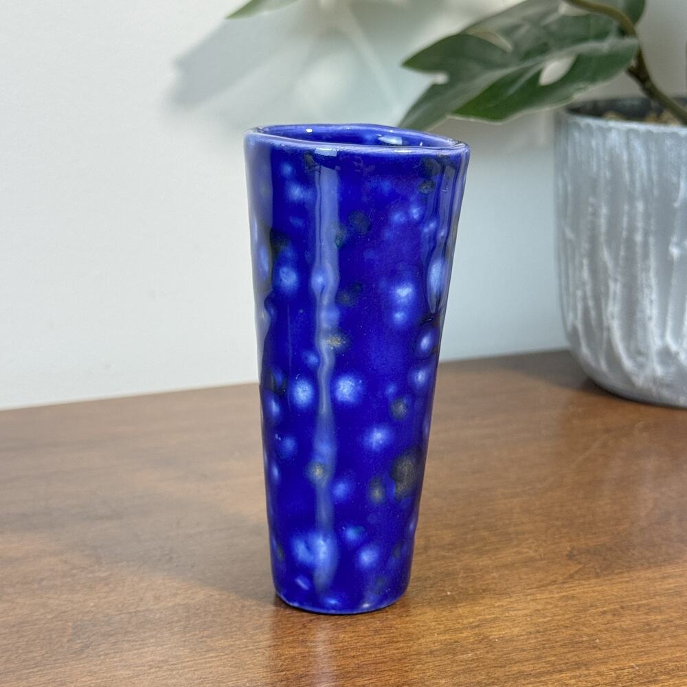 Vintage Mid-Century Modern Cobalt Blue Speckled Glaze Wall Vase Suction Cup